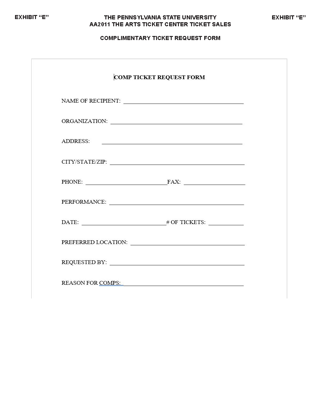 Image of Exhibit E - Complimentary Ticket Request Form