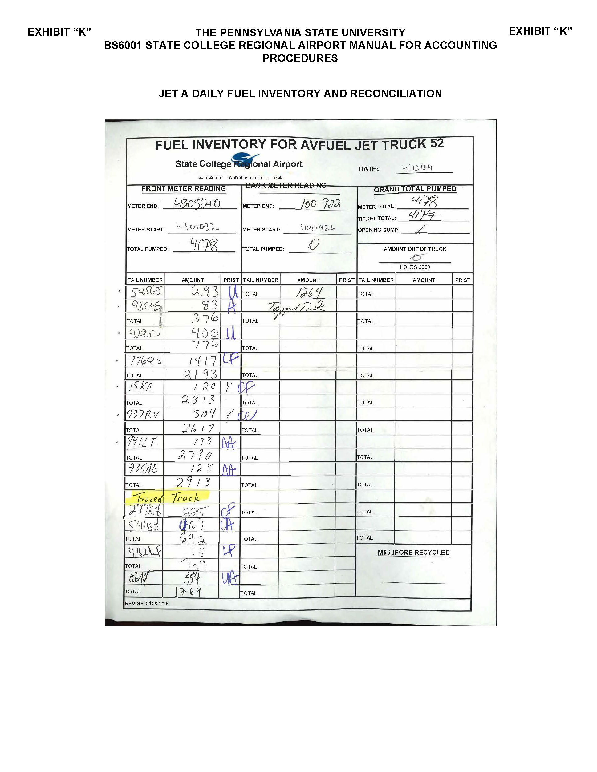 Image of Exhibit K Jet A Daily Fuel Inventory and Reconciliation