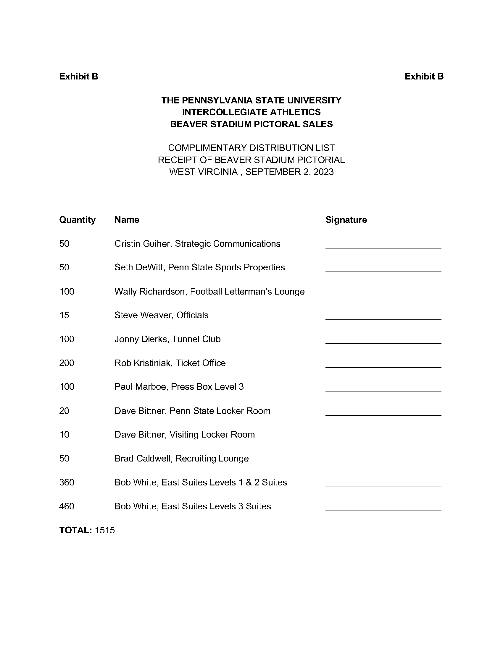 Image of Exhibit B - COMPLIMENTARY PROGRAM LIST Page 1