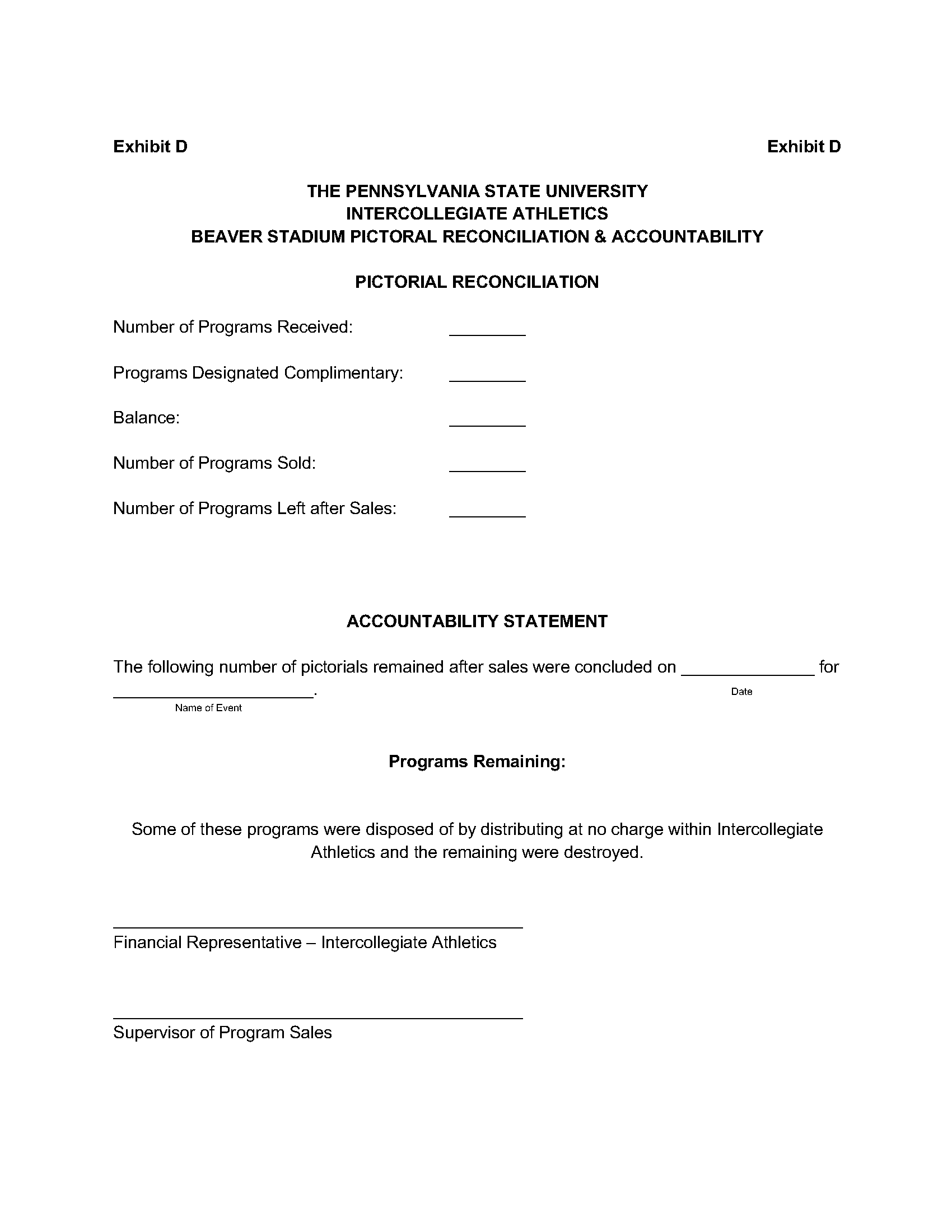 Image of Exhibit D - BEAVER STADIUM PICTORAL RECONCILIATION & ACCOUNTABILITY SHEET Page 1