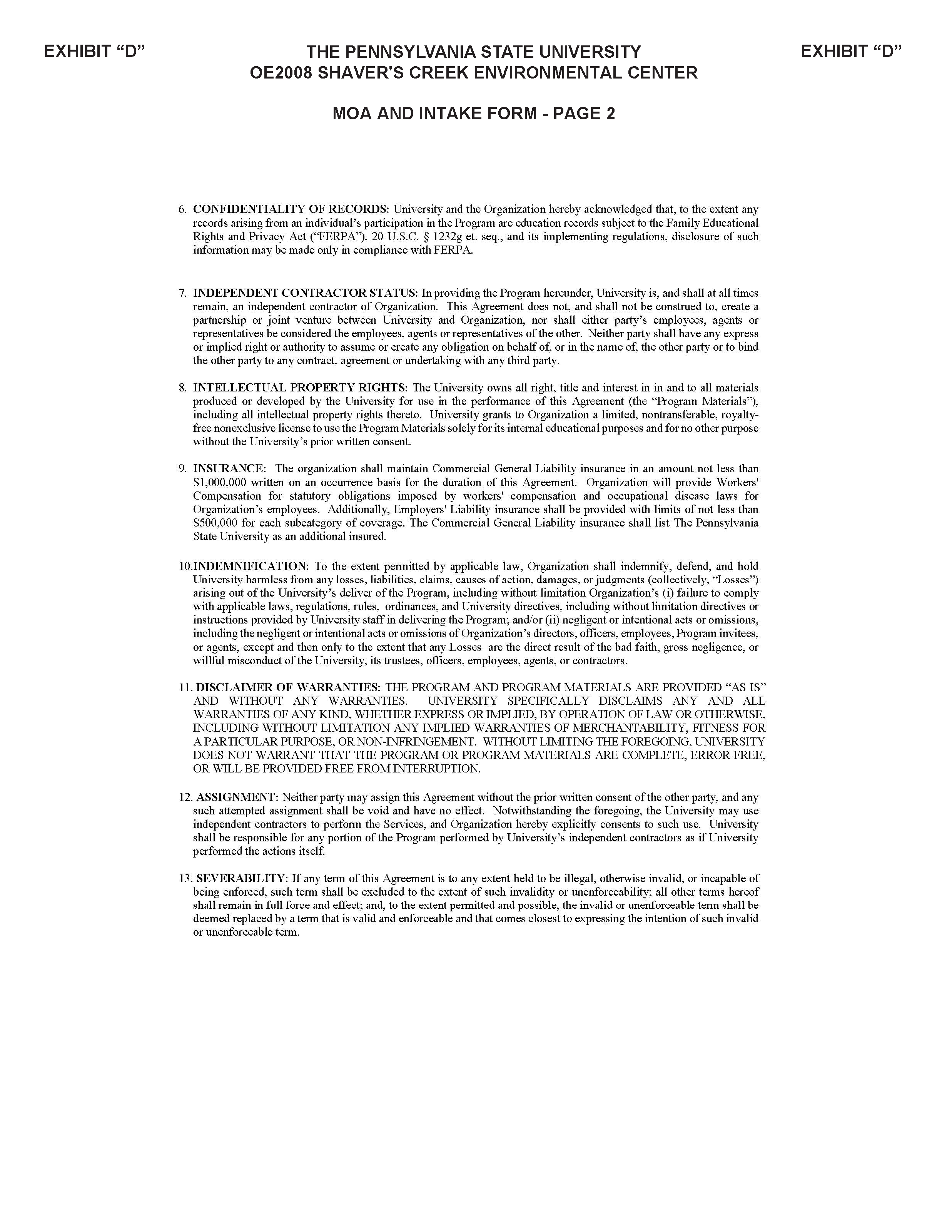 Image of Exhibit D - Memorandum of Agreement