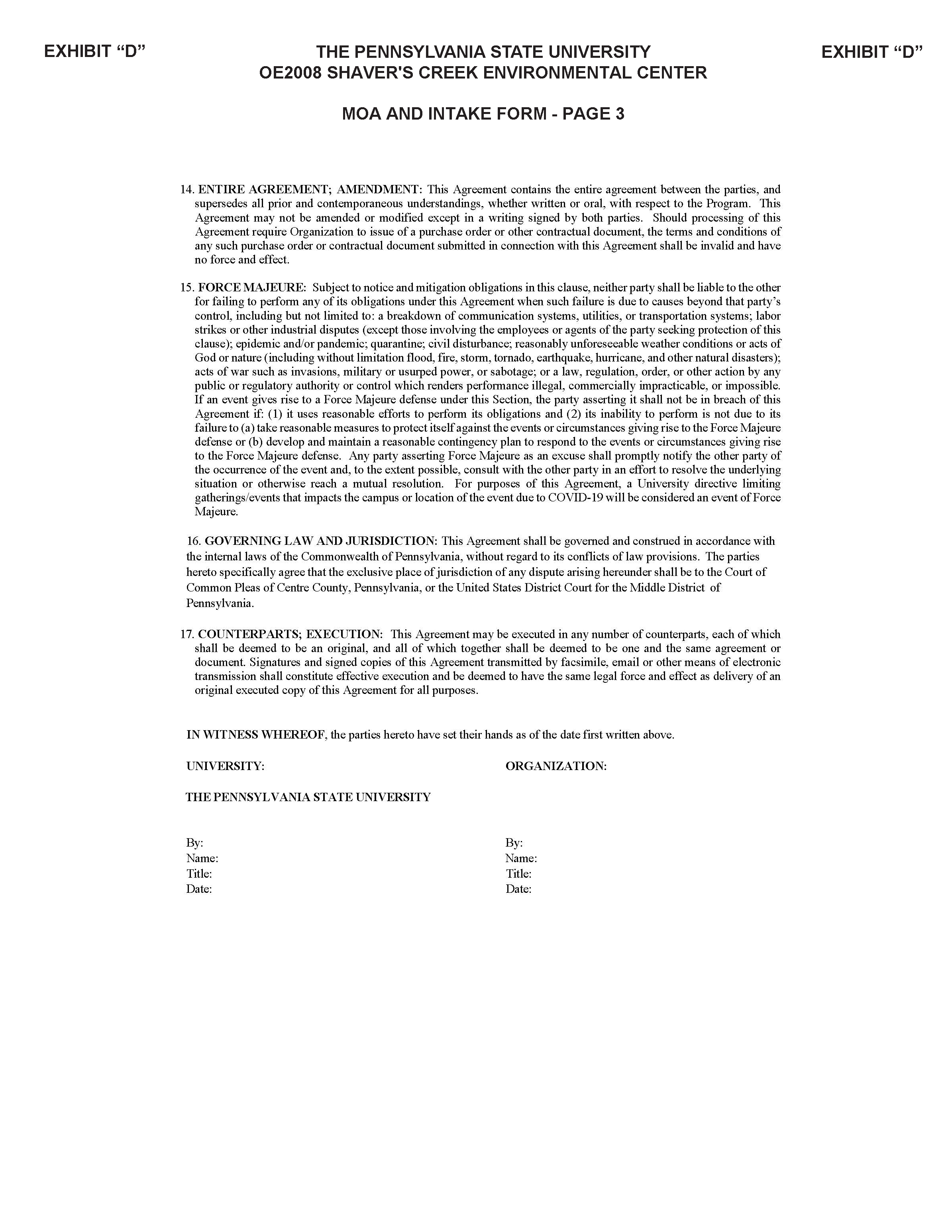 Image of Exhibit D - Memorandum of Agreement