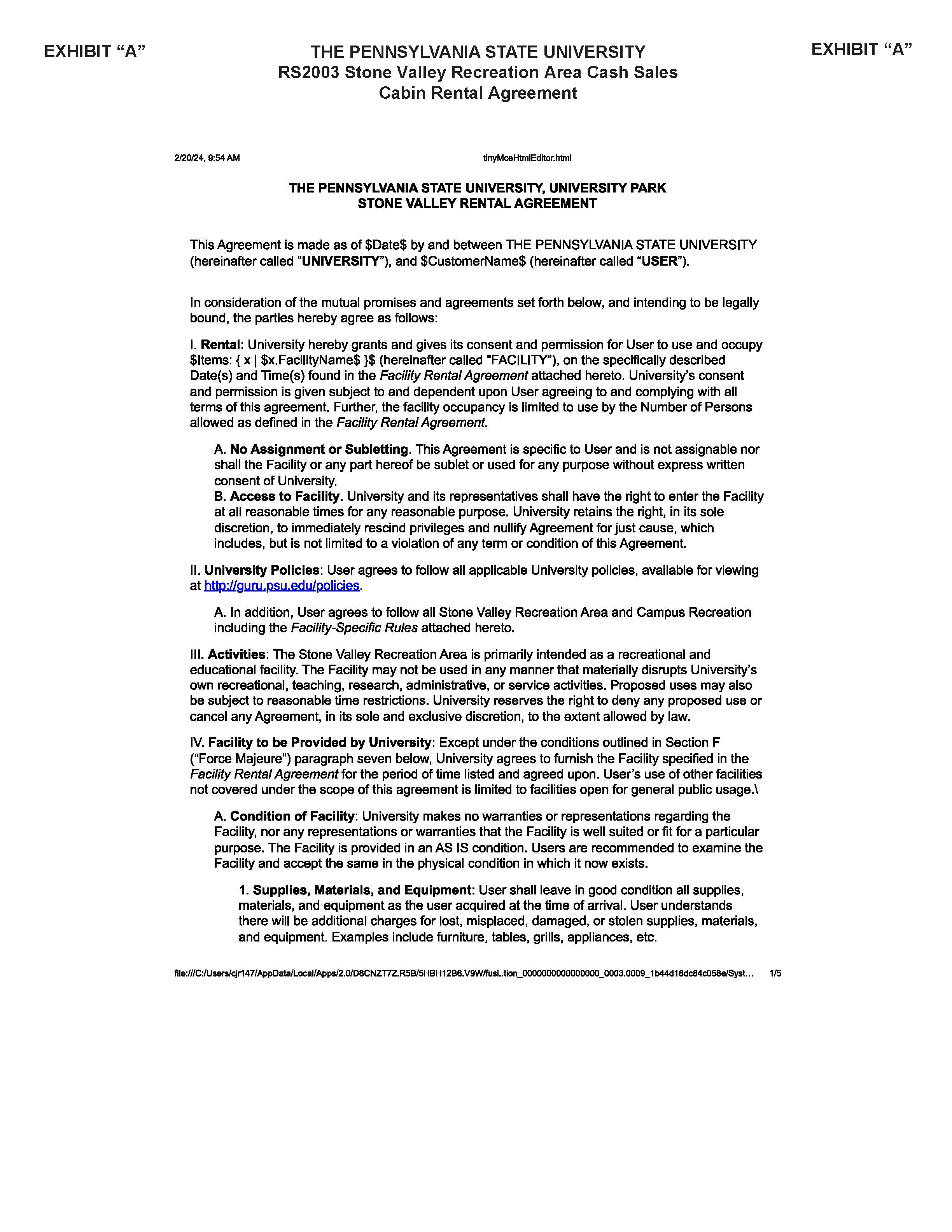 Image of Exhibit A CABIN RENTAL AGREEMENT