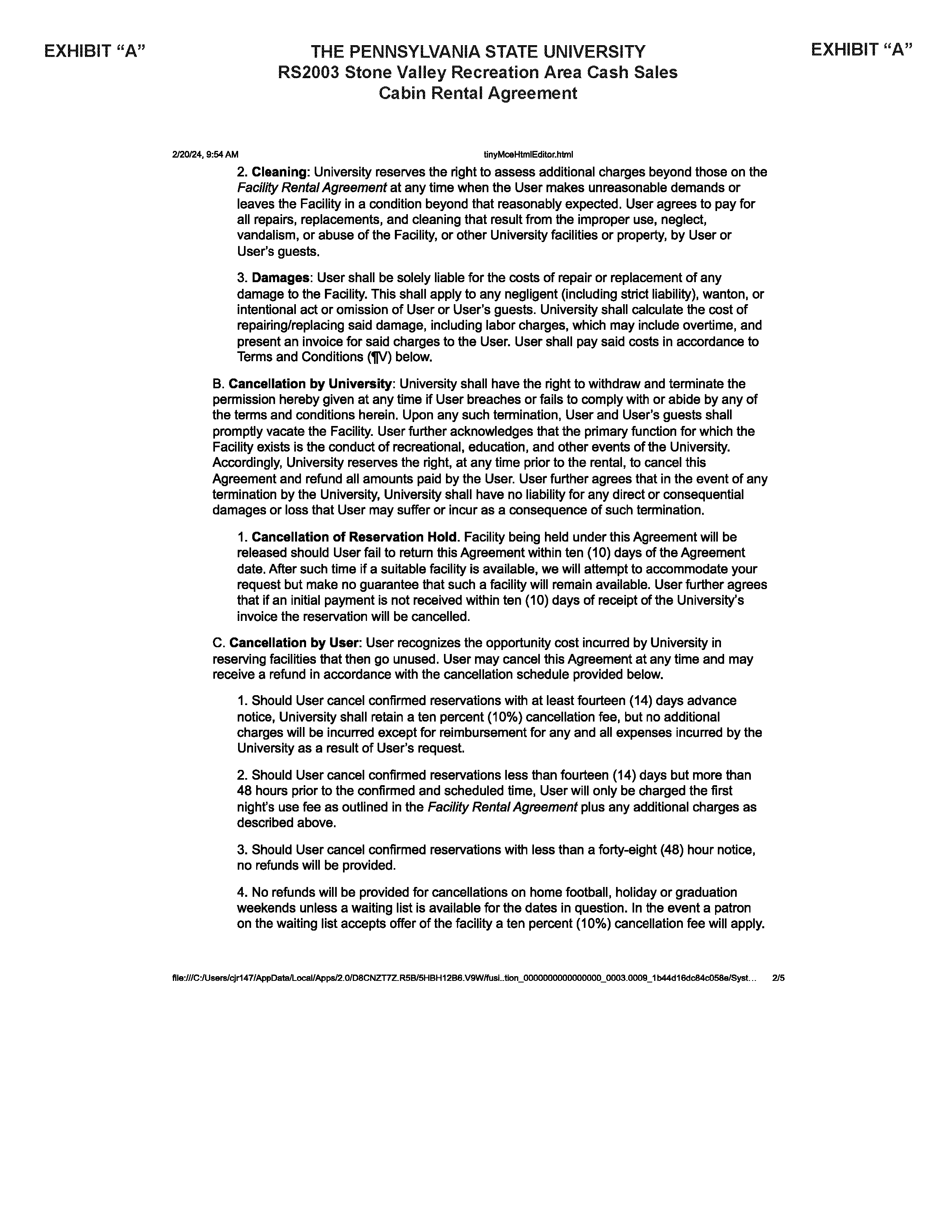 Image of Exhibit A CABIN RENTAL AGREEMENT
