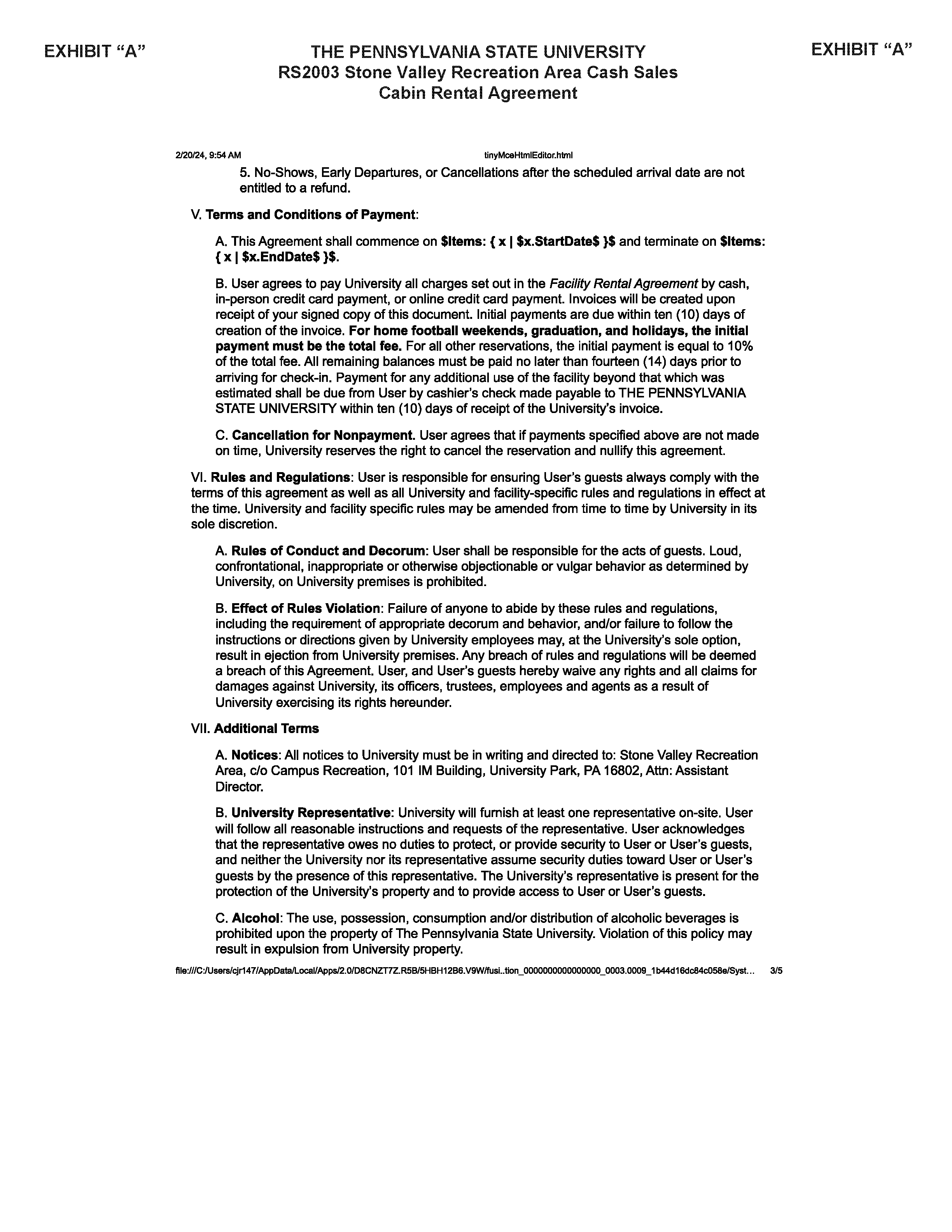 Image of Exhibit A CABIN RENTAL AGREEMENT