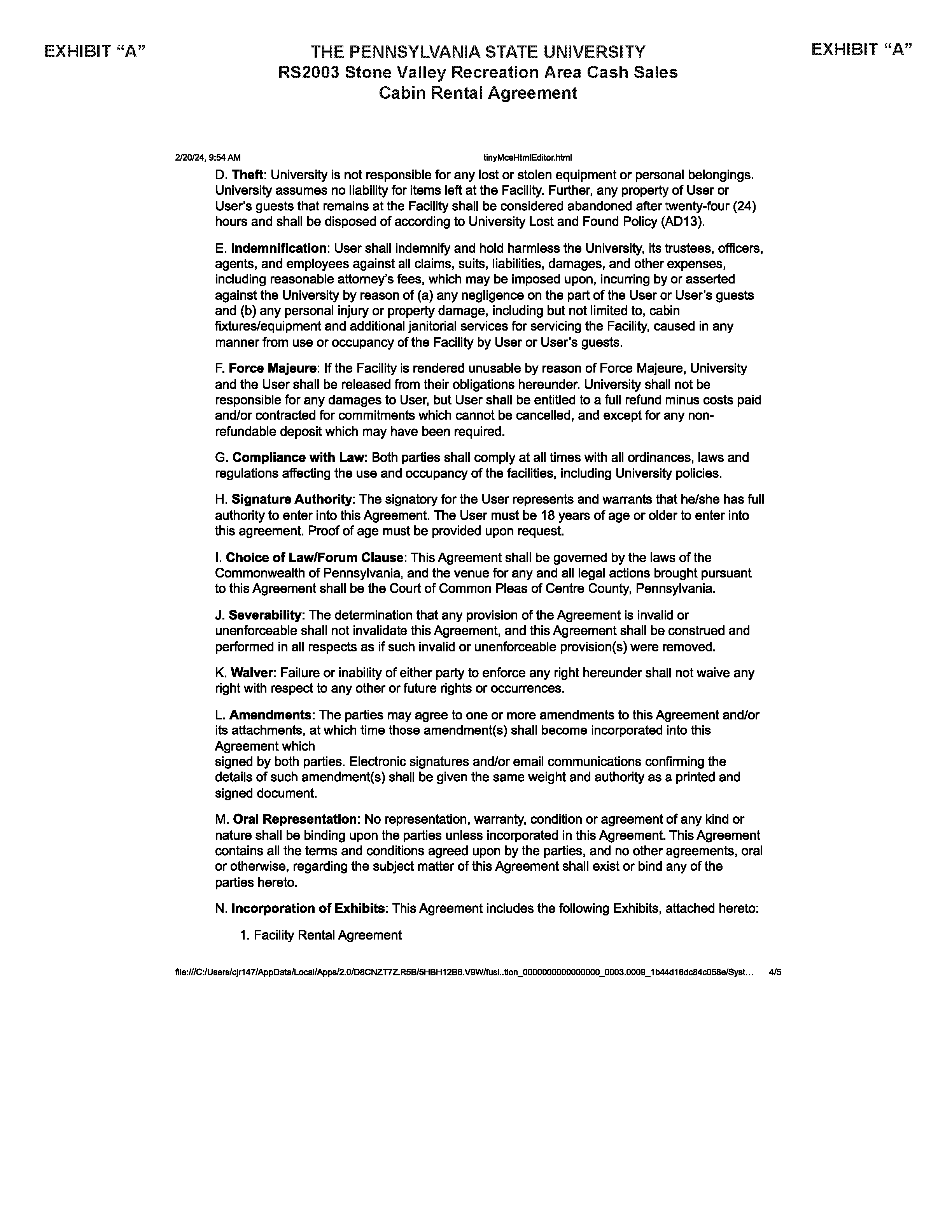 Image of Exhibit A CABIN RENTAL AGREEMENT