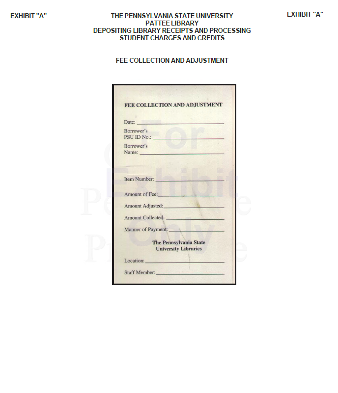 Image of Exhibit A - Fee Collection and Adjustment Form