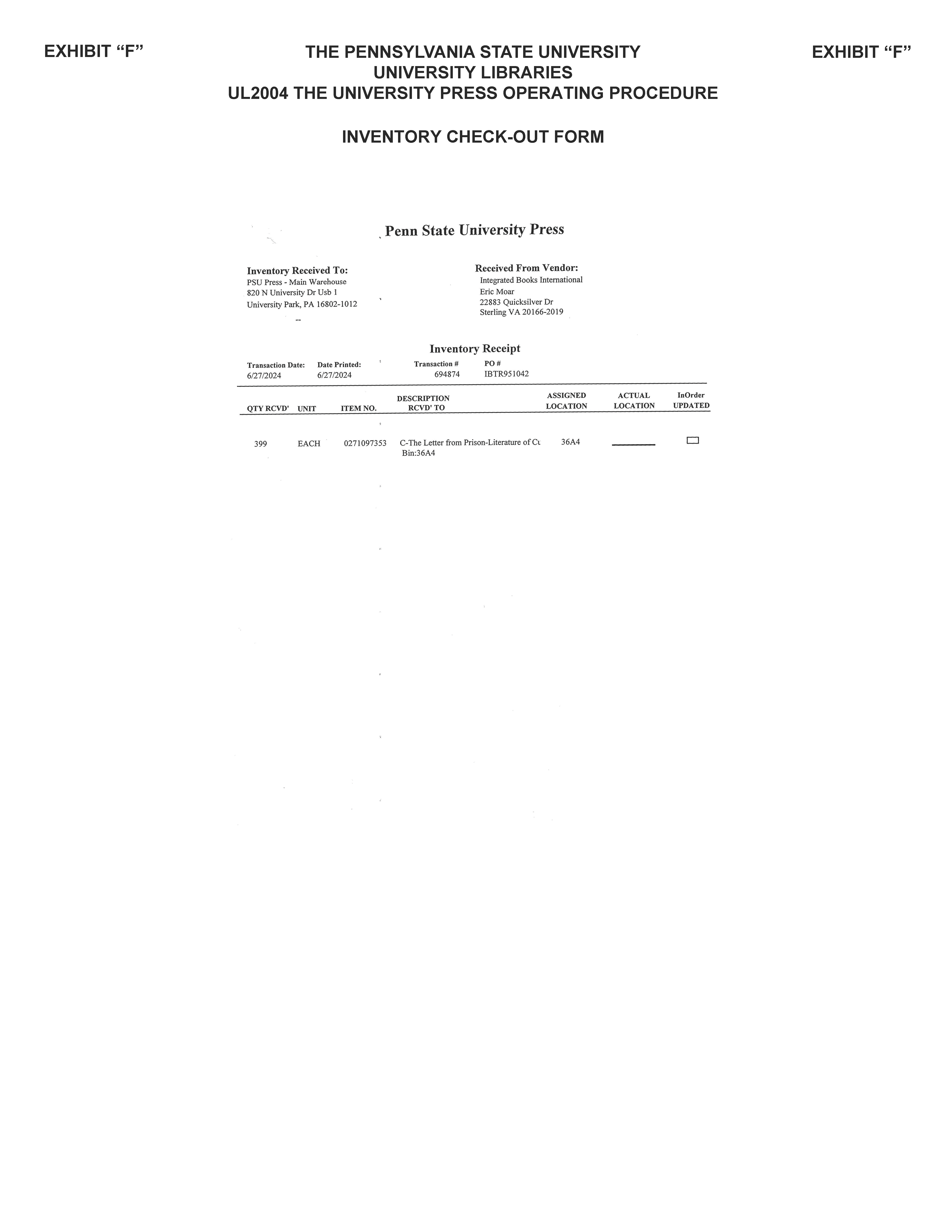 Image of Exhibit F - Inventory Check-Out Form