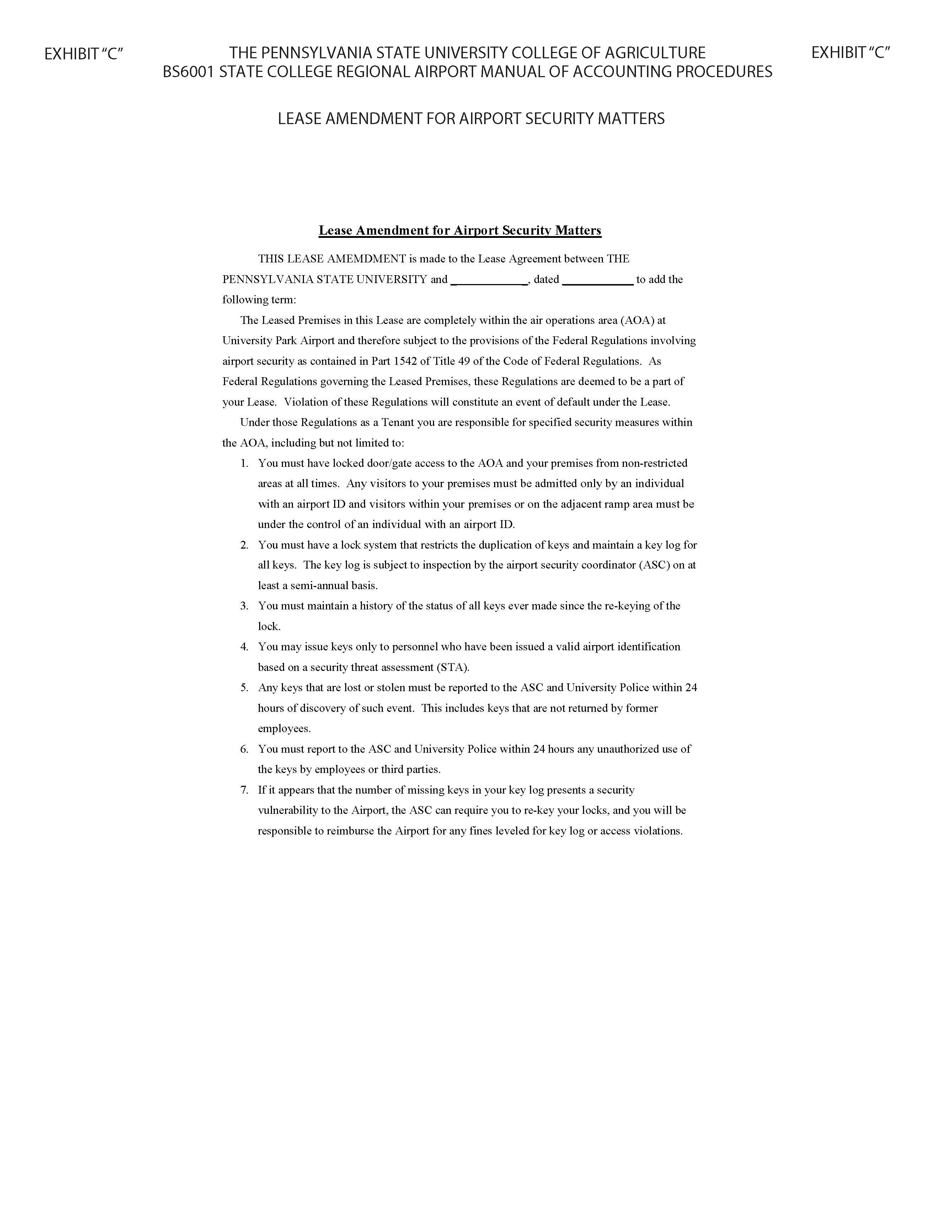 Image of Exhibit C Lease Amendment for Airport Security Matters