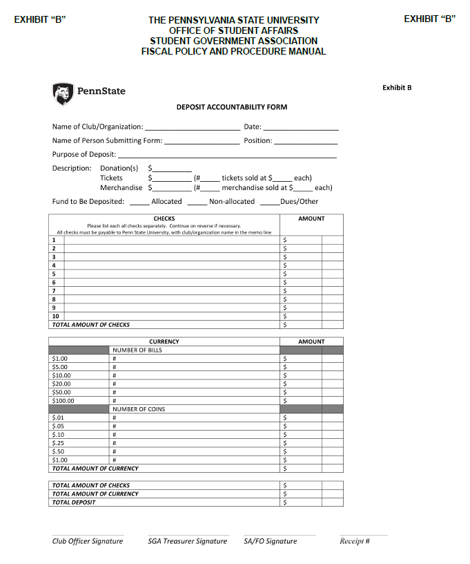 Image of Exhibit B - Deposit Accountability Form