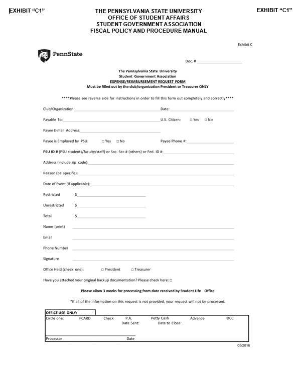 Image of Exhibit C1 - Expense/Reimbursement Request Form