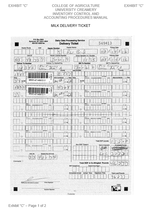 Image of Exhibit C - Milk Delivery Ticket