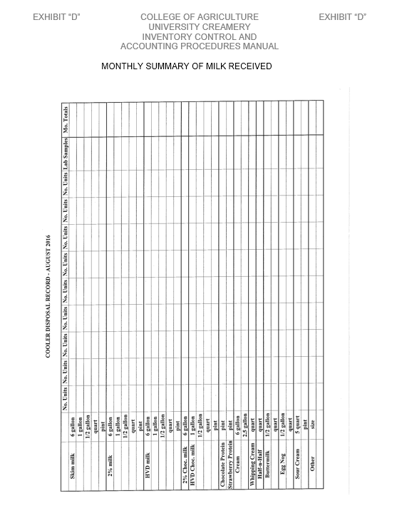 Image of Exhibit D - Monthly Summary of Milk Received
