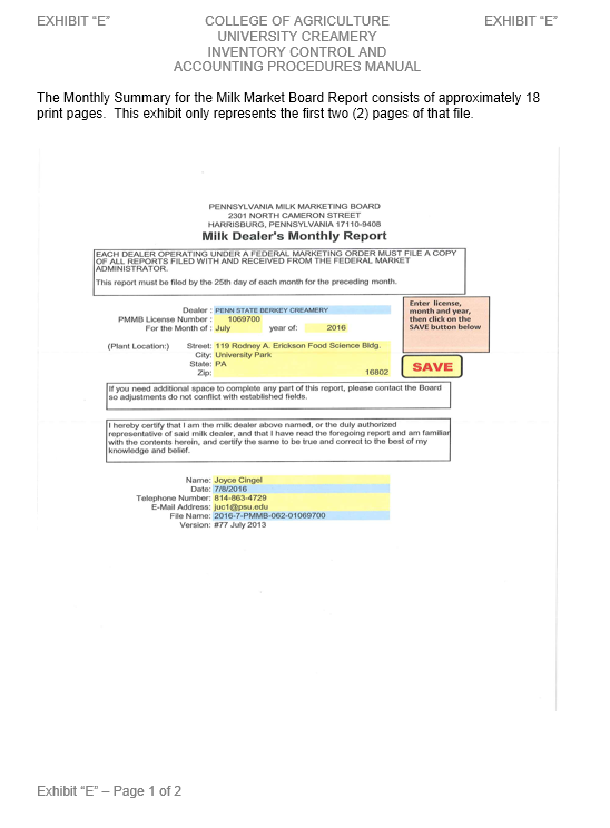 Image of Exhibit E1 - Page 1 of the Monthly Summary for the Milk Market Board Report