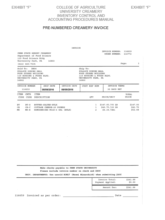 Image of Exhibit F - Pre-numbered Creamery Invoice