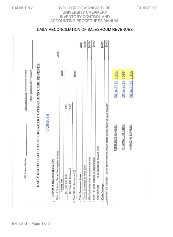 Image of Exhibit G1 - Daily Reconciliation of Salesroom Revenues