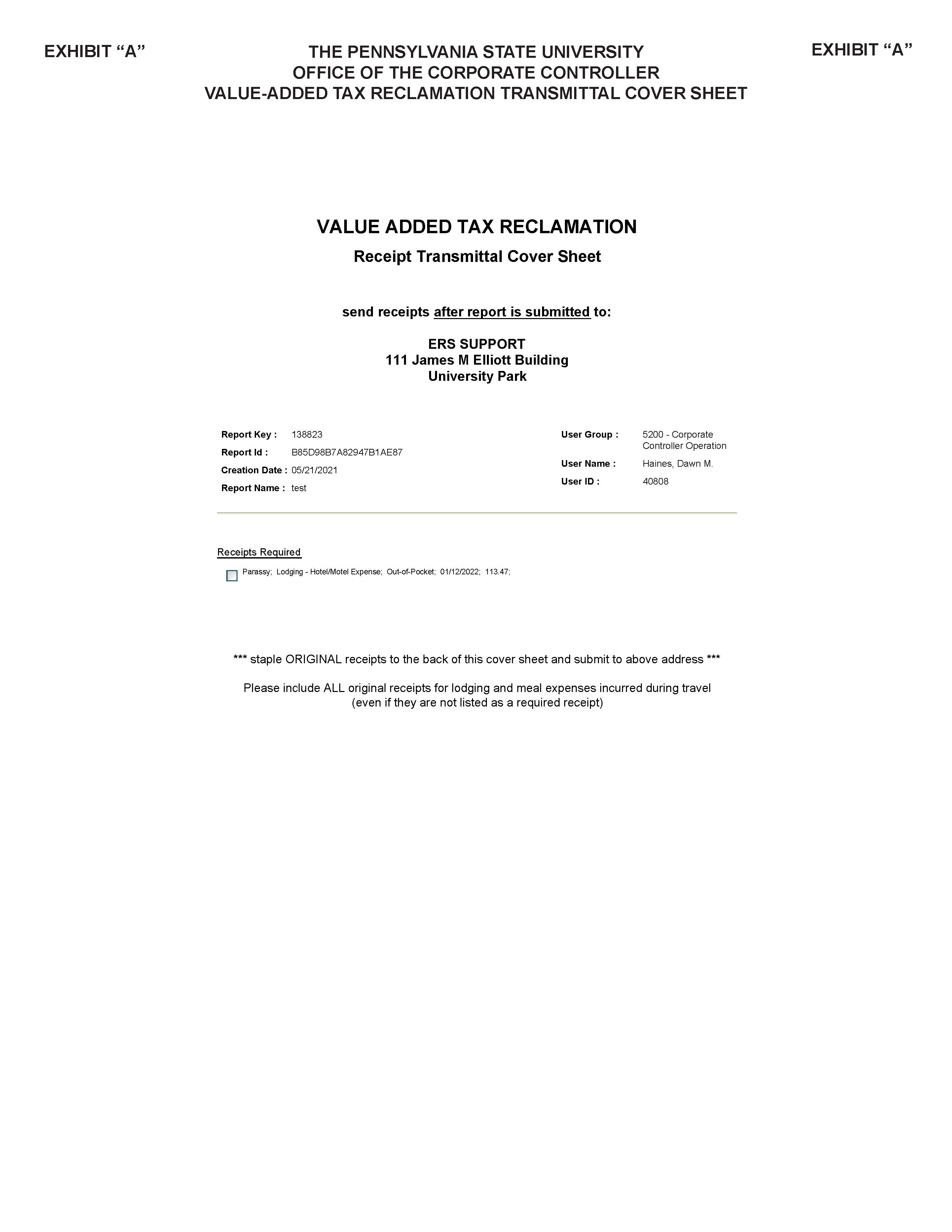Image of Exhibit A - Value Added Tax Reclamation Receipts Transmittal Cover Sheet