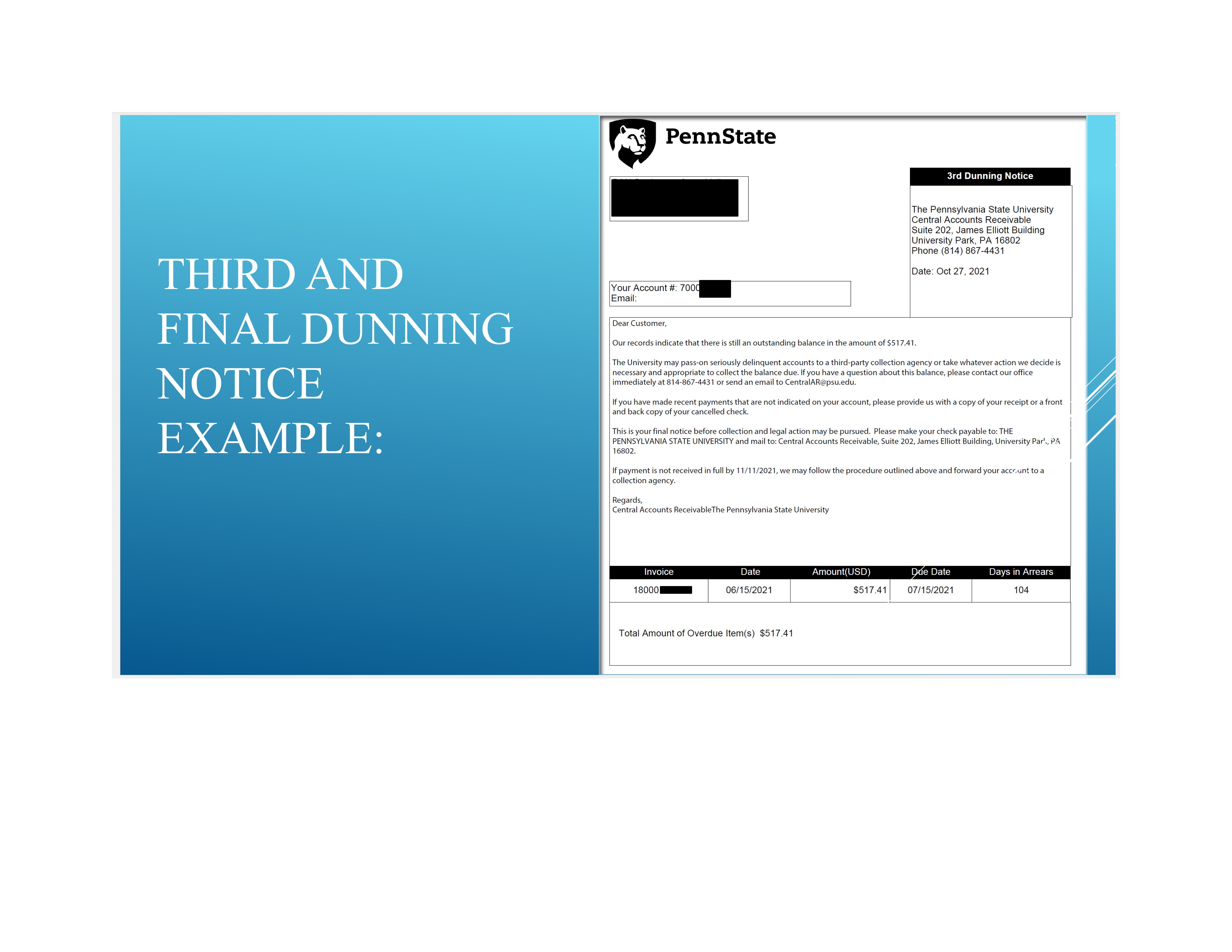 Image of First Dunning Notice Example PowerPoint Slide